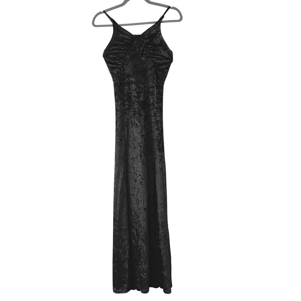 VTG Favlux Black Velvet Crushed Maxi Dress L Spaghetti Double Slits Witchy Goth